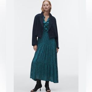 ZARA WOMAN V-NECK LONG JACQUARD DRESS WITH RUFFLES DUCK GREEN